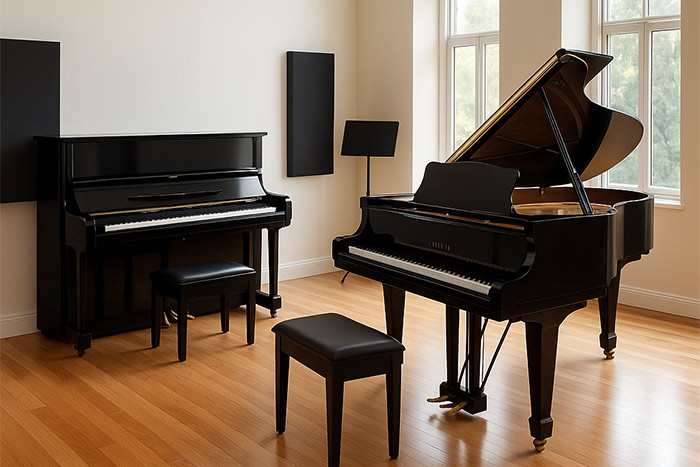 Grand piano and upright piano in a bright room