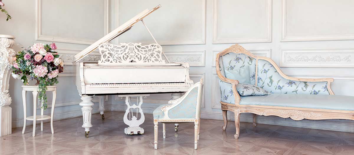 Luxury interior of sitting room with vintage furniture and grand piano
