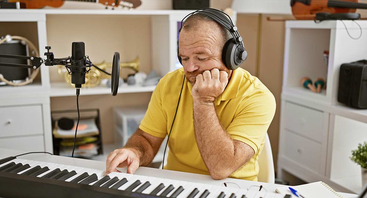 Man having deep thoughts while playing piano