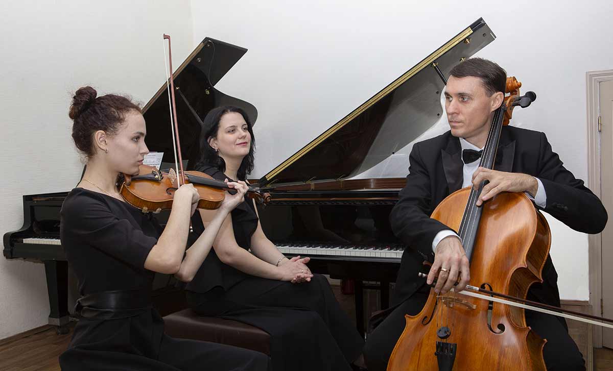 Pianist together with cellist and violinist