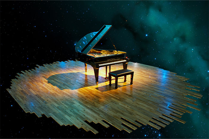 Piano on wooden floor floating on outer space feat