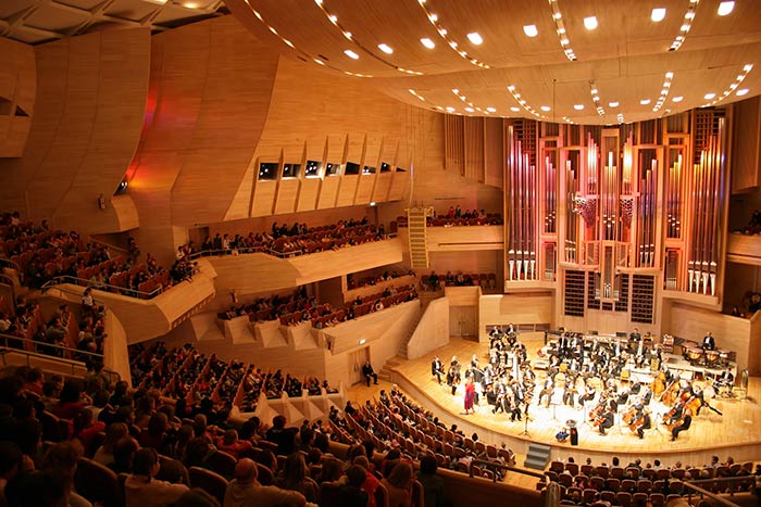 Symphony orchestra performing in a concert hall