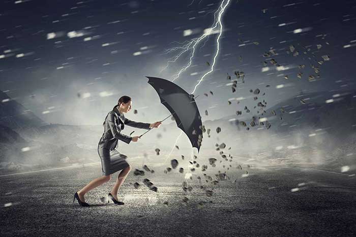 Women caught in a storm with lightning